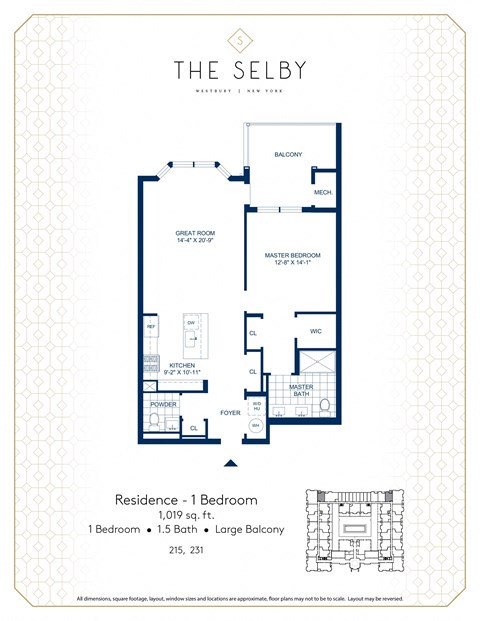 Floor plan for 1 bed, 1.5 baths